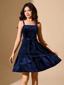 Váy nhung dây mảnh thời trang dành cho bé gái tuổi teen - Xanh đậm - Xem 7