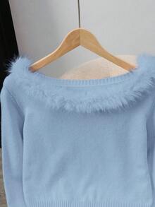 SHEIN LUNE Fashionable Solid Color Patchwork Fur Collar Off-Shoulder Sweater Fairycore Baby Blue - Blue - View 4