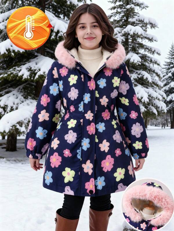 Girl's Stylish Ditsy Floral Thickened Fleece Lined Long Coat, Elegant Chic Minimalist Outdoor Party Jacket