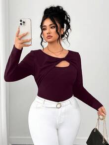 Elenzga Camiseta de manga larga con textura y corte asimétrico para tallas grandes - Rojo violeta - Ver 5
