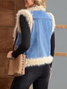 EMERY ROSE Women's Autumn/Winter Faux Fur Patchwork Sleeveless Denim Jacket And Coat - Blue - View 2