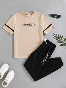 SHEIN 两件套儿童/青少年男童卡其色简约撞色字母印花短袖T恤和撞色字母运动裤，休闲舒适时尚百搭，面料柔软，适合日常穿着、上学、郊游、户外运动、度假。 - 卡其色 - 查看 4