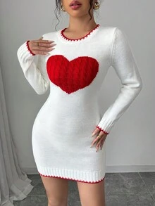 SHEIN Tall 2025 Women's Autumn/Winter New Fashion Round Neck Heart Pattern Valentine's Day Holiday Date Knit Sweater Dress