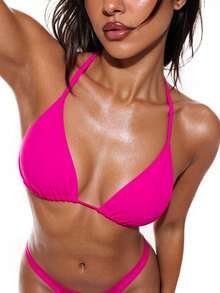 Oceva Women's Summer Beach Vacation Minimalist Solid Color Backless Tie Front Bikini Top - Hot Pink - View 3