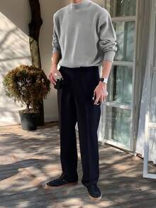 Claim Dot 男士纯色立领宽松长袖套头毛衣，秋冬款 - 淺灰色 - 查看 4