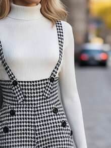 EMERY ROSE 女士千鸟格纹吊带直筒连体裤 - 黑色 - 查看 3