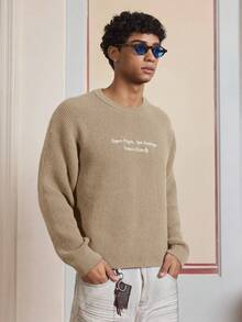 SWAVVY 男士休闲字母刺绣圆领长袖毛衣，秋冬款 - 卡其色 - 查看 6