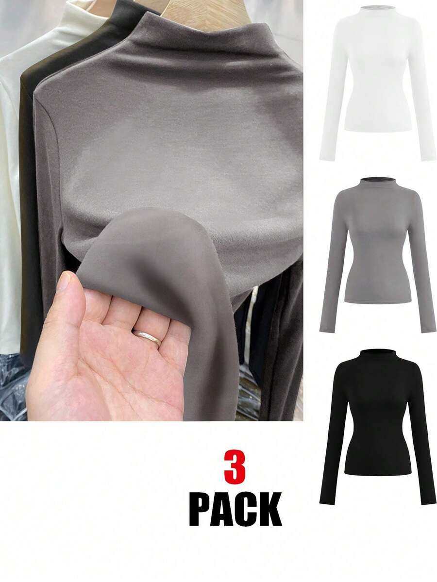 SHEIN LUNE 3pcs/Set Casual Minimalist Long Sleeve Tight Fit Women T-Shirts, Autumn - Multicolor - View 1