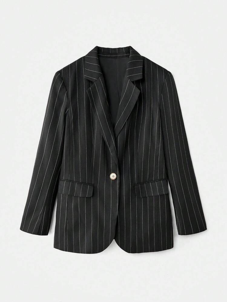 SHEIN Maija Blazer holgado a rayas color caqui para mujer, moderno y versátil para uso urbano y casual en otoño