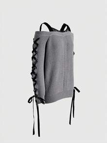 ROMWE Pulover pentru femei cu umeri goi, dantelă contrastantă, panglică laterală și șnur - Gri - Vizualizare 5