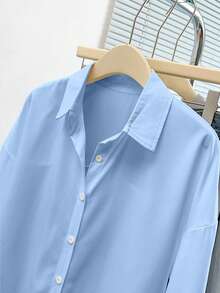 INAWLY Áo sơ mi nữ tay dài trễ vai màu trơn, đơn hàng khuy, thường ngày/công sở - Màu xanh nhạt - Xem 3
