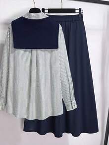 Resyla 大码女式骑士印花条纹长袖衬衫和迷你裙休闲套装