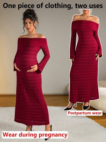SHEIN Elegant Party Solid Color Off-Shoulder Dress For Pregnant Women