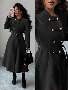 Elenzga 女士优雅通勤大衣，秋冬新款，简约双排扣设计，大地色系棕色，收腰设计，长袖中长款大衣 - 黑色 - 查看 1