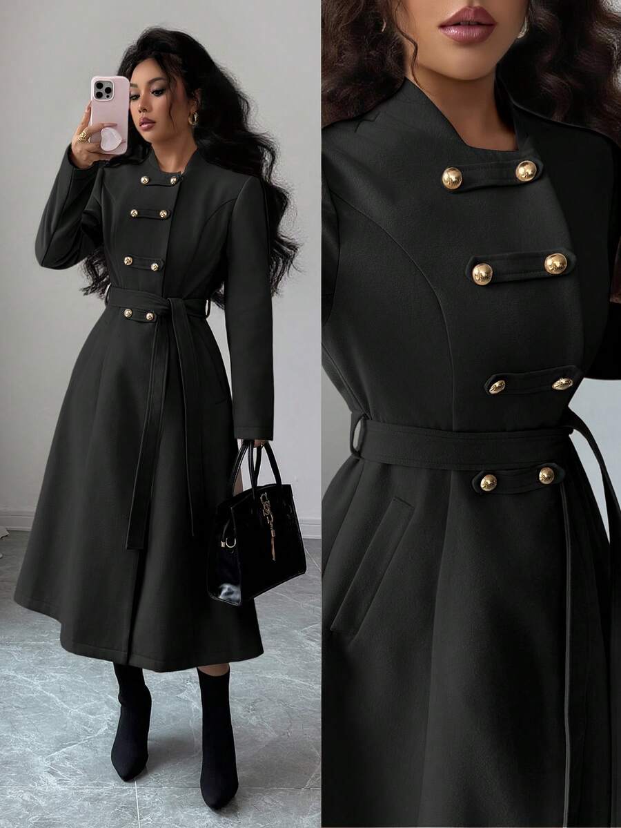 Elenzga 女士优雅通勤大衣，秋冬新款，简约双排扣设计，大地色系棕色，收腰设计，长袖中长款大衣 - 黑色 - 查看 1