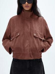 Aveloria GENKIRA New Autumn/Winter Suede Fleece Jacket, Loose Fit With Wide Collar, Decorative Stitching, Elastic Hem Design, Commuting Casual Jacket - Brown - View 2