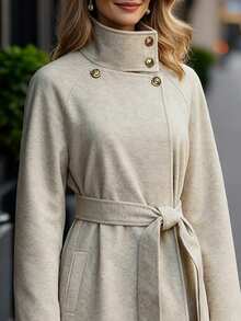 EMERY ROSE 秋冬女装休闲高领纽扣腰带中长款毛呢大衣，老钱风女装/女士办公装/外出装，女士秋装 - 杏色 - 查看 3