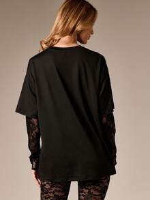AiiRZ Oversized Layered Lace Sleeve T-Shirt With Sheer Long Sleeves And Relaxed Fit Top - Black - View 2