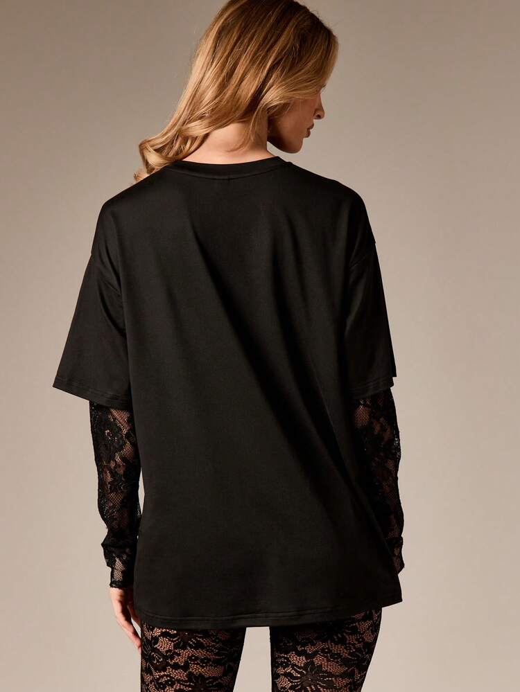 Oversized Lace Sleeve Layered T-Shirt
