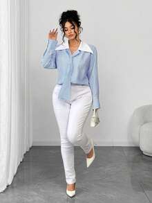 Elenzga Camisa listrada plus size com gola elegante, blusa sofisticada. - Azul - Ver 6
