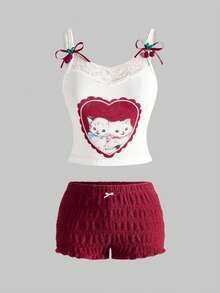 ROMWE Kawaii Bộ 2 áo hai dây phối ren họa tiết mèo con và quần short nhún bèo cho nữ - Nhiều màu - Xem 1