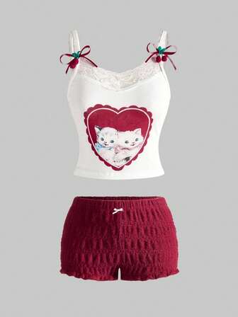 Kawaii 2 pezzi/set Top a canottiera con stampa gattino e pizzo e pantaloncini arricciati casual per donna