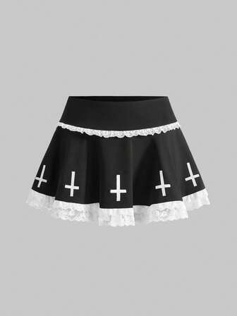 Grunge Punk Gothic Kreuz Muster Kontrast Spitze Super Tief Taille Mini Plissee Rock