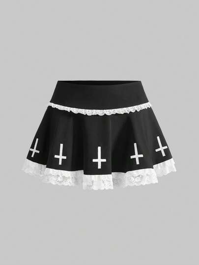 Grunge Punk Minifalda plisada de cintura súper baja con estampado de cruz gótica y encaje de contraste