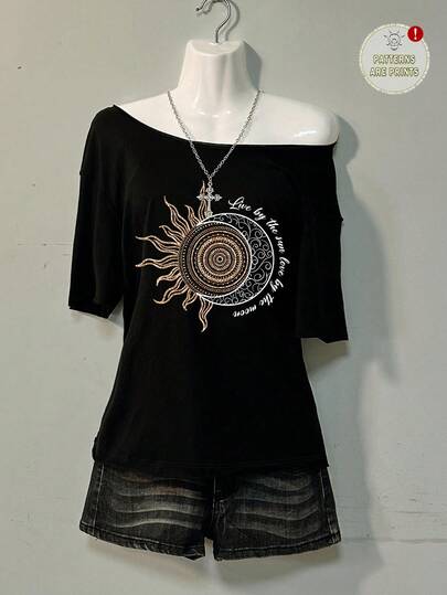 SHEIN EZwear Casual Vintage Loose Fit Oversized Tee With Simulated Gold Foil Sun God Graphic, Suitable For Summer Vacation, Retro, Sexy, Cute, Y2K, Coconut Girl, Boho, Spring Break, Brunch, Baby Blue, Girls Trip, Neon Beach, Bohemian, Hippie, Music Festivals Back To School