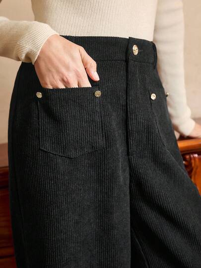 Vintamour Vintage Elegant Women's Pants With Pockets And Button Decoration, Corduroy Casual Pants, Work Vacation Winter Christmas New Year Thanksgiving Chic Black Pants