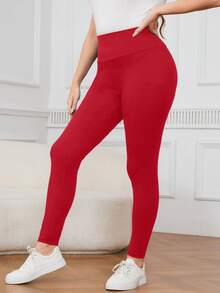 SHEIN LUNE Plus Size Women Solid Color High Waist Casual Leggings - Red - View 6