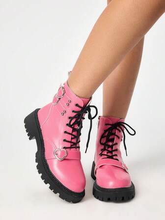 Kawaii Damen süße & kühle Boots mit dicker Sohle, rosa, Herz Dekor, süß & niedlich, schnürsenkel kurze Knöchelstiefel, Frühling/Herbst