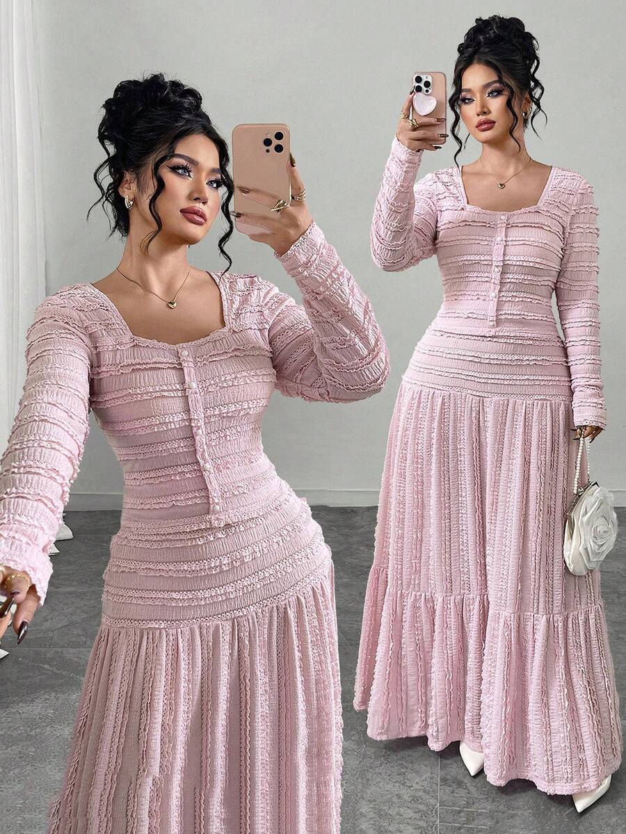 Elenzga 2pcs/Set Plus Size Women Textured Fabric Casual Vacation Style Long Sleeve Square Neck Collar Button Up Top And Maxi Skirt - Pink - View 1