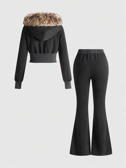 J-Fashion Ensemble décontracté vintage en deux pièces avec fermeture éclair et fourrure délavée, pour l'automne/l'hiver