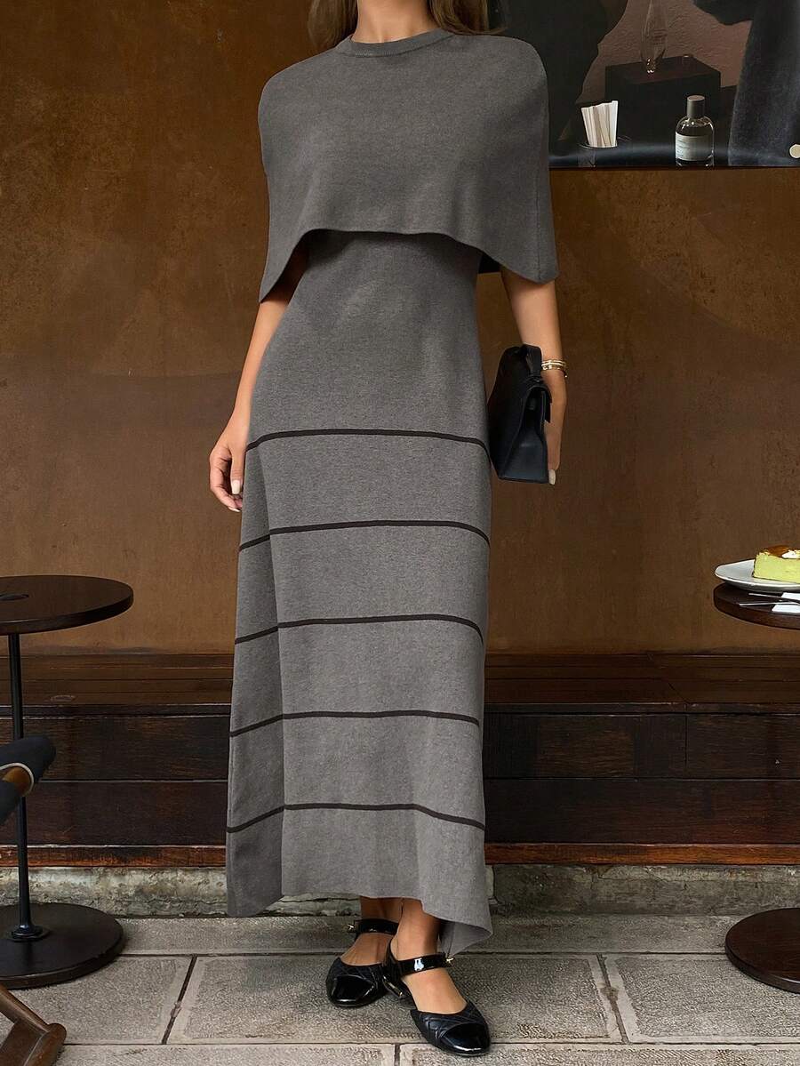 Livesso 女士条纹连衣裙和披肩毛衣两件套，秋冬季 - 灰色 - 查看 1