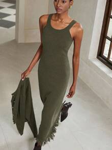 Aveloria Modichic French Commuter Spaghetti Strap Dress With Cardigan Knit Dress Two Pieces Set, Lightweight Luxurious Long Dress For Women - Army Green - View 7