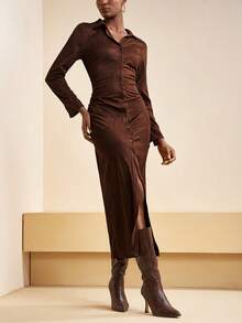 Zivah 2025秋季新款翻领长袖连衣裙，纽扣袖口，修身H型剪裁，开衩，棕色，夏季长裙，初秋连衣裙，女士连衣裙 - 棕色 - 查看 4