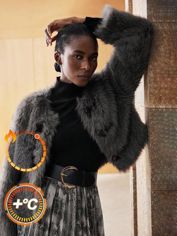 SHEIN Maija Veste oversize femme col rond en fausse fourrure grise, urbaine chic polyvalente pour les rassemblements et les fêtes, automne/hiver