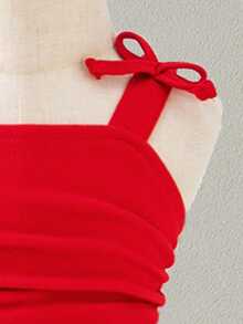 Sweetra Baby Girls' Fashion Elegant Solid Color 3D Bow Shoulder Ruched Strap Dress, Suitable For Outdoor Formal Occasions And Parties, Spring/Summer