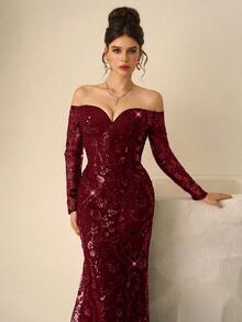 Coutiva Váy dài tay trễ vai cổ chữ V đính sequin thanh lịch với chân váy đuôi cá, hoàn hảo cho đám cưới, thảm đỏ, đêm nhạc Opera và bữa tối sang trọng, váy dự tiệc, váy khách dự tiệc cưới, váy trang trọng, váy dạ hội - Màu Đỏ Sâu - Xem 4