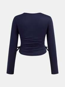 SHEIN Conjunto de top de punto ajustado de manga larga con cuello redondo y fruncido en azul marino, y pantalones acampanados, informal para niñas preadolescentes, adecuado para usar en casa y al aire libre