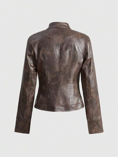 Grunge Punk Vintage Y2K Kpop Baddie Multi-Pocket Fitted Distressed PU Leather Jacket For Women