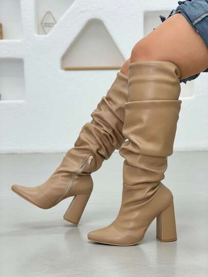 Botas altas hasta la rodilla para mujer, botas plegables, tacón grueso, botas largas holgadas con punta puntiaguda, zapatos de vestir sexys a la moda para toda ocasion