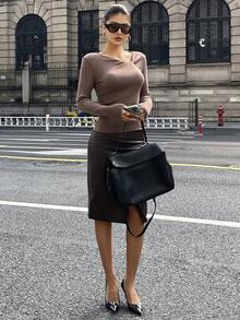 DAZY 不对称扭结设计休闲商务优雅棕色T恤，适合新年、圣诞节、婚礼派对、秋冬季等场合。 - 棕色 - 查看 4