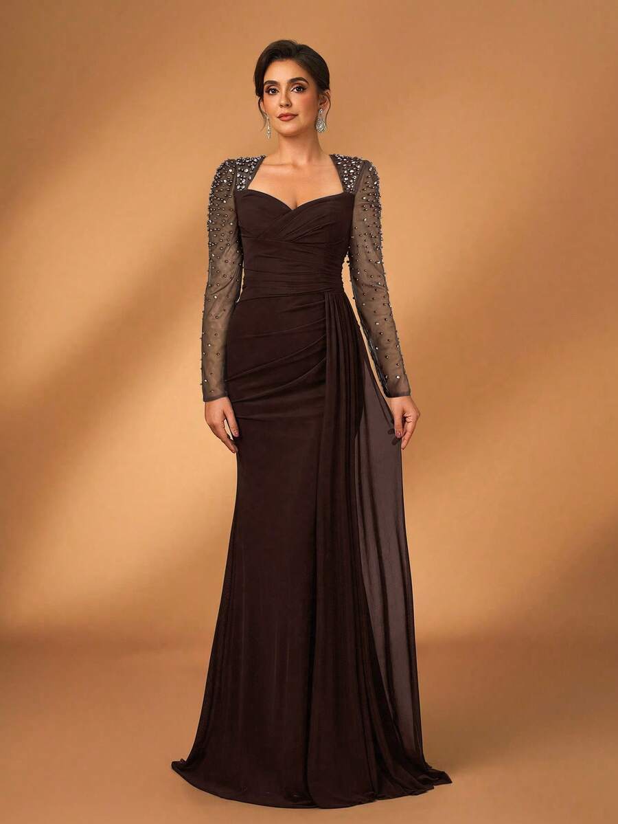 Serin Elegant Luxurious Diamond Design Sheer Long Sleeve Ruched Mermaid Dress, Suitable For Weddings, Parties, Vacations, Bridal, Mother Of The Bride, Evening Gowns