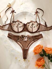 2pcs/Set Women Floral Embroidery Mesh Romantic Cute Sexy Lingerie Set Floral Lingerie Set Custom Lingerie Set Brown Lingerie Brown Floral Lingerie