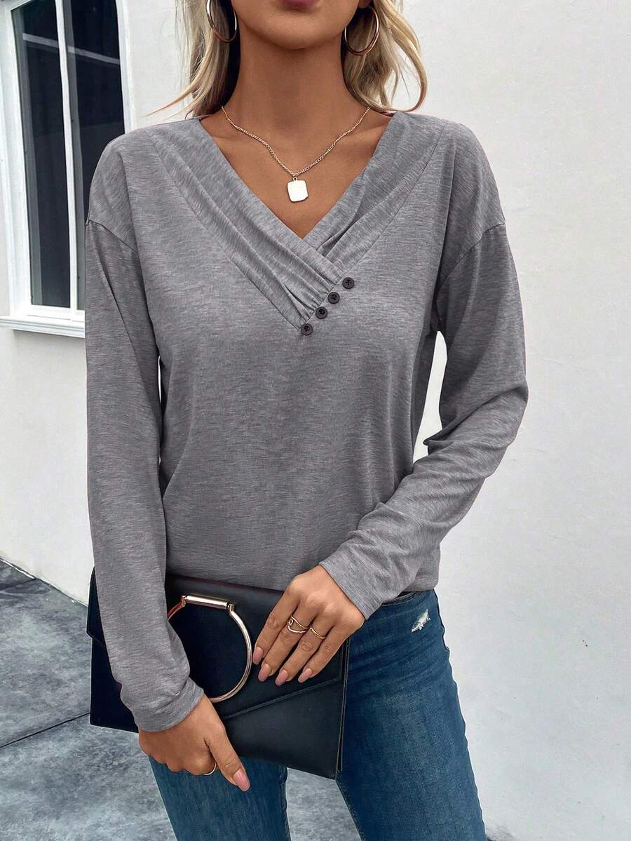 SHEIN LUNE Áo thun tay dài cổ chữ V trễ vai màu trơn, dáng rộng, thường ngày đa năng - Màu Xám nhạt - Xem 1