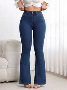 SHEIN PETITE Quần Jeans Ống Loe Túi Thường Ngày Cho Nữ - Rửa tối - Xem 7