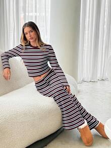 Aloruh Ensemble pyjama décontracté pour femme, comprenant un t-shirt col rond à manches longues rayé et un pantalon droit décontracté rayé. Convient pour le port quotidien, les sports, l'automne/l'hiver - Blanc - Voir 4