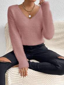 SHEIN LUNE White V-Neck Casual Soft Knit Sweater, Long Sleeve Pullover Top, Autumn/Winter - Dusty Pink - View 4